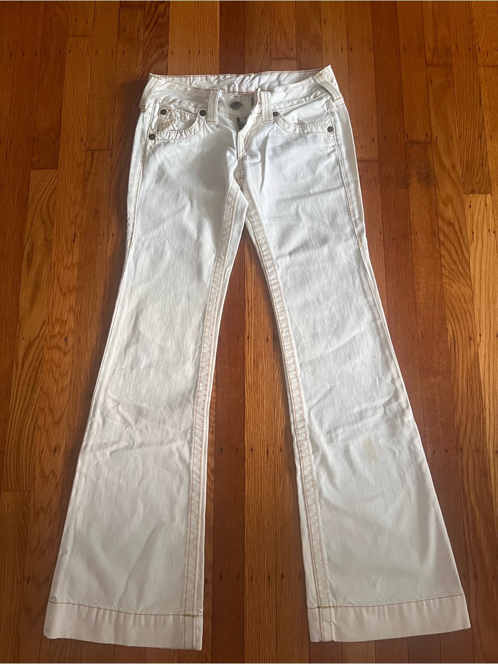 Vintage True Religion Candice Jeans Size 25 White Low Rise Yellow Stitching USA